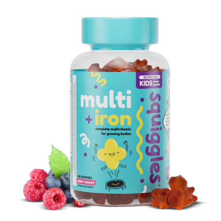 Squiggles Kids Multivitamiini + Rauta Gummies - Low Sugar Gummy Vitamiineja Iron Lisäravinteet lapsille - Laaja Spectrum vitamiineja ja kivennäisaineita, Chewy, Nami Berry Flavor (100 kreivi)