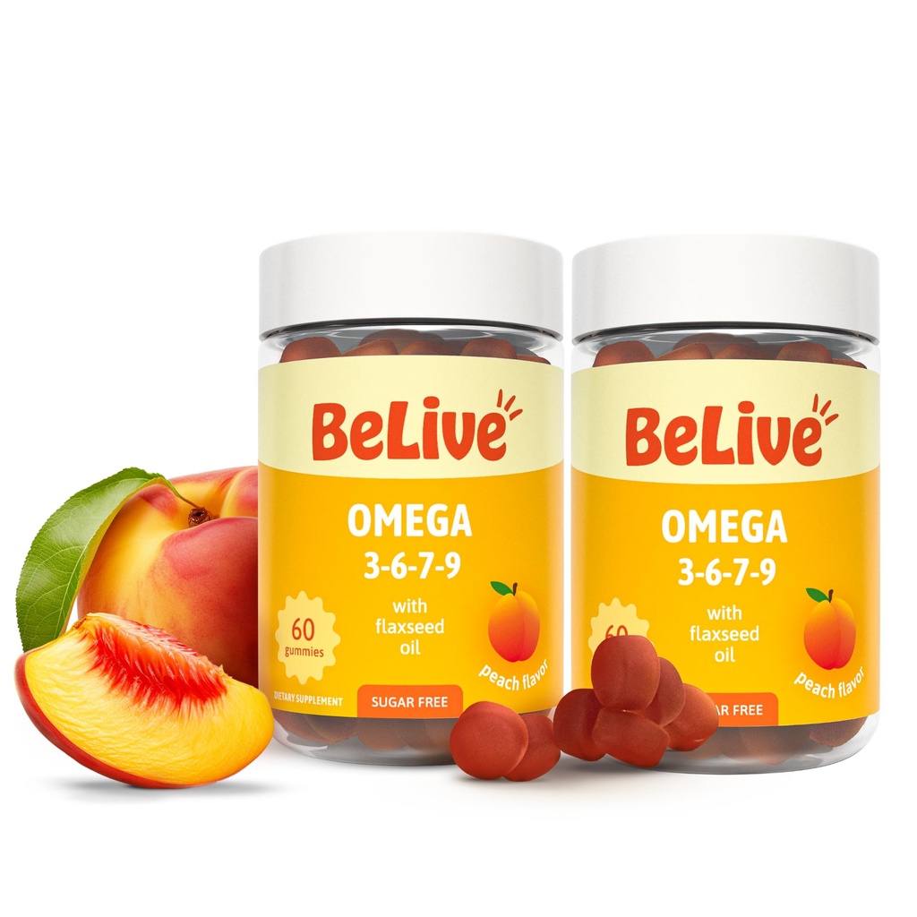 BeLive Organic Omega 3 Gummies - Omega 3 6 9 7 DHA & EPA från Flaxseed Oil & Sea Buckthorn Fruit Oil, Vegan, för barn & vuxna, Full Body, Brain & Eye Support, Sugar Free - Peach | 2-Pack