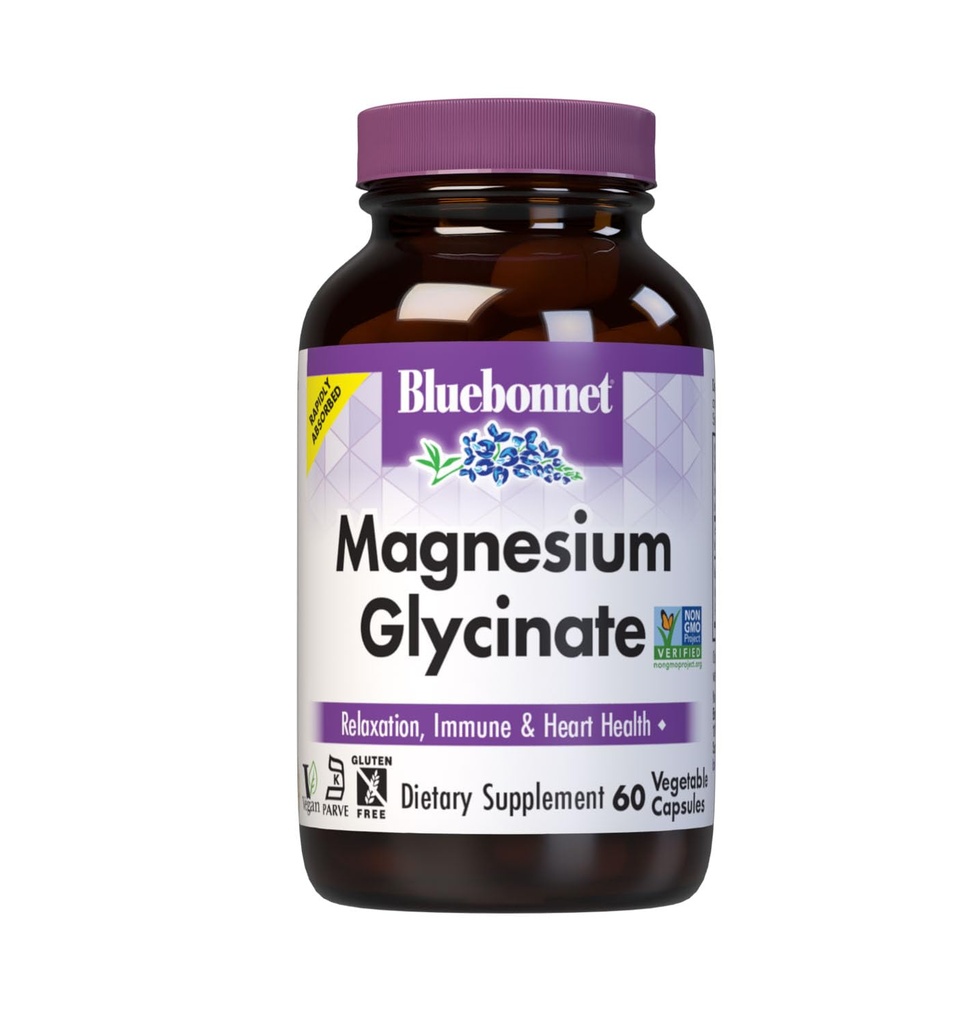 Bluebonnet Magnesium Glycinate, Energy Production*, Enzyme Function*, ei-GMO-sertifioitu NSF, Vegan, Kosher Certified, Gluteeniton, soijaton, Dairy-free, 60 Vihanneskapselit, 15