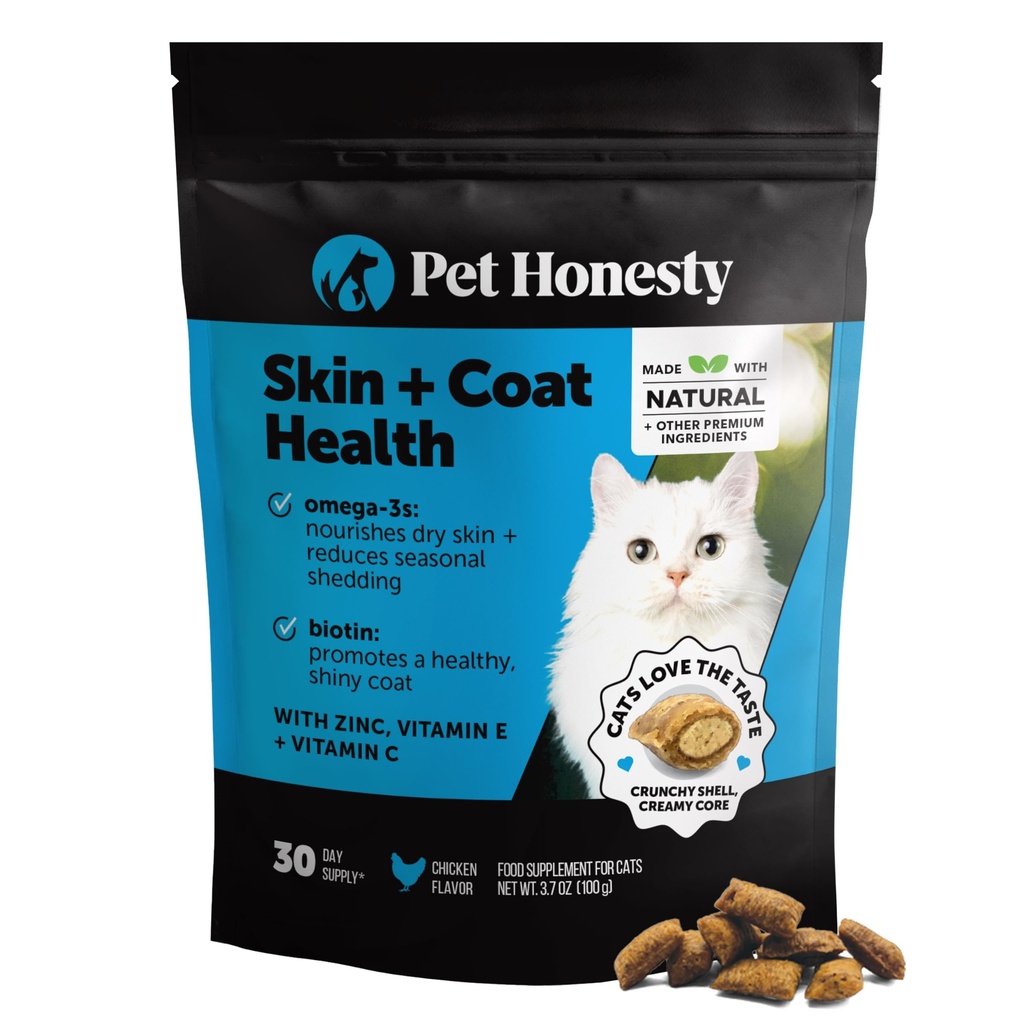 Cat Skin & Coat Health Crunchy & Creamy Chews - Omegas, C-vitamiini + E, Biotiini täydentää, rauhoittaa ihoa ja edistää kiiltävä takki, kissan lisäravinteet ja vitamiinit - kanan (30-päivä tarjonta)