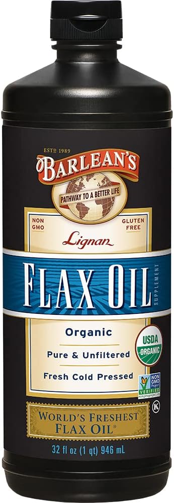 Barlean's Organic Lignan Omega 3 Pellavansiemenöljyä nestemäinen Supplement for Miehet ja naiset, Cold Press Pellava Siemenet, 7230 mg ALA Rasvahappo, Vegan ja Gluteeniton, 32 oz