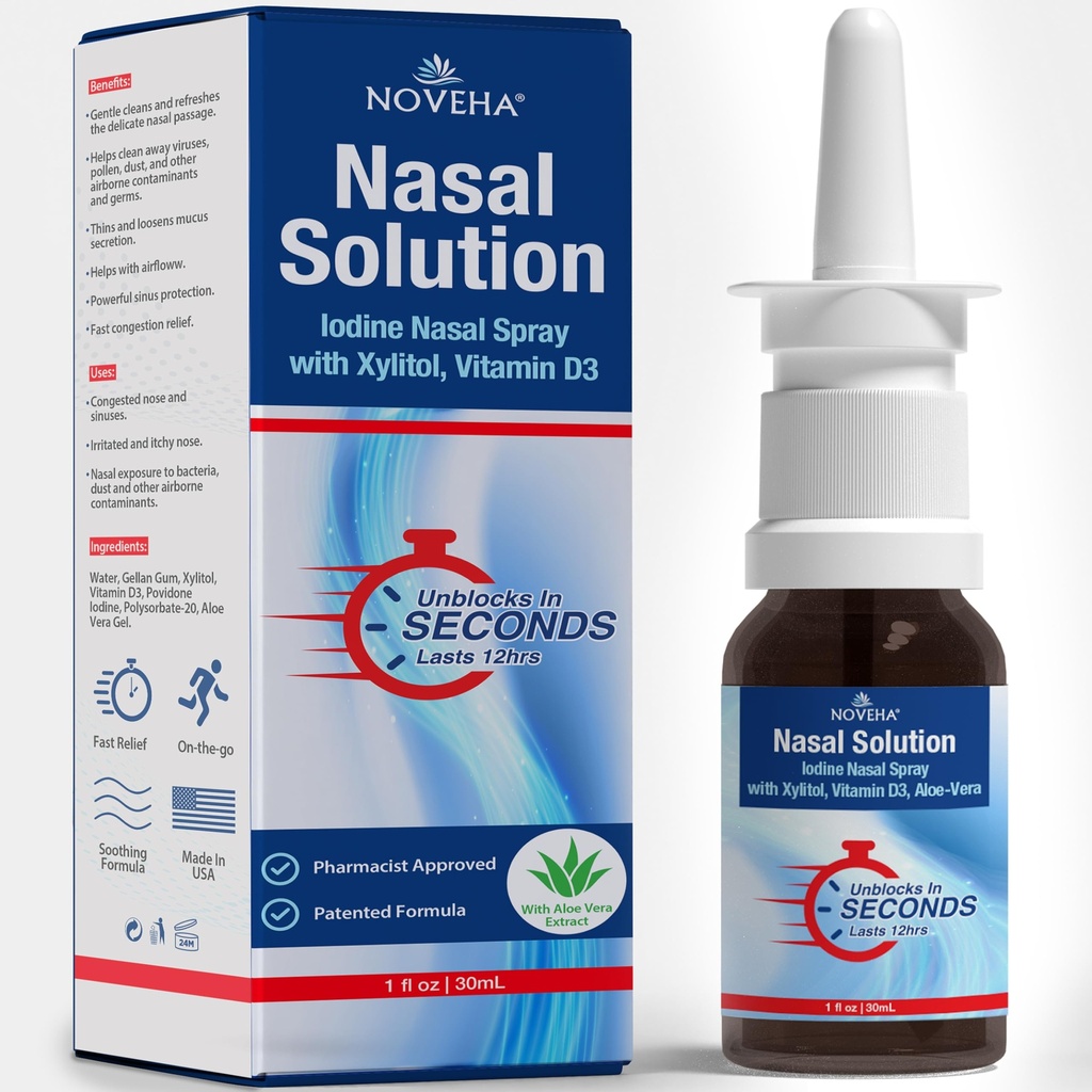 NOVEHA Nasal Spray- 1% Povidone-Iodine Spray, vitamin D3, Aloe-Vera - Nasal Cleanser (30mL)
