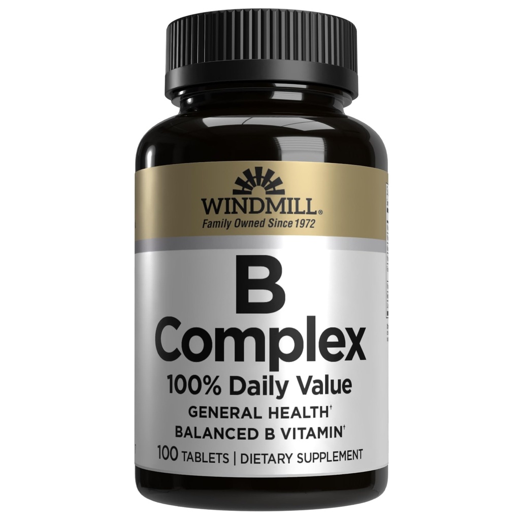 Tuulimylly Natural Vitamiinit B Complex (100% Päivittäinen arvo), Tehostaa energian tuotantoa ja edistää aineenvaihduntaa, 100 tablettia, 100 tarjoilua