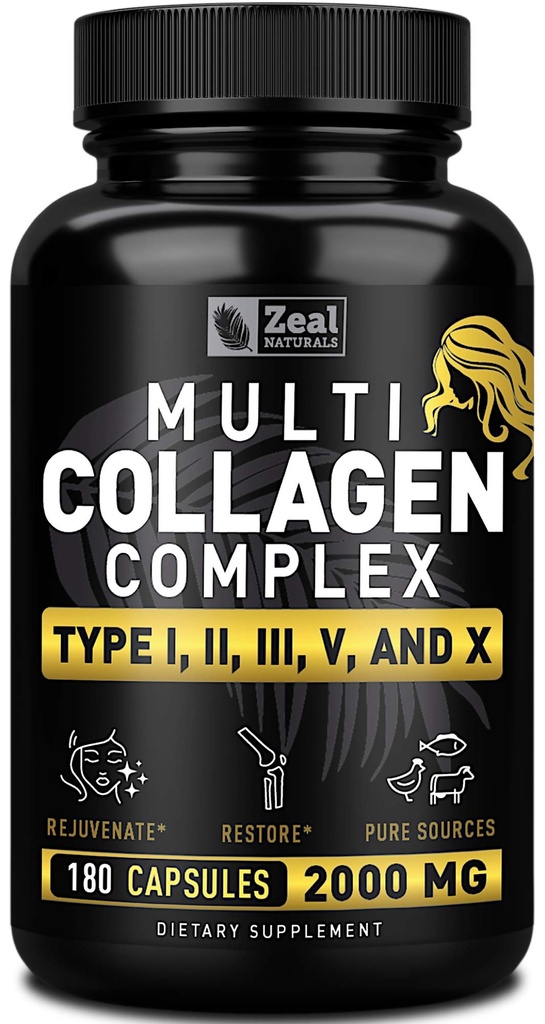 Multi Collagen Peptides Pills (tyypit I, II, III, V, X) Ruoho Fed Collagen Pills (180 kapselia) - Hydrolysate Collagen Protein Blend for Hair, Skin, Nails, and Joint Support - Collagen Pills for Women