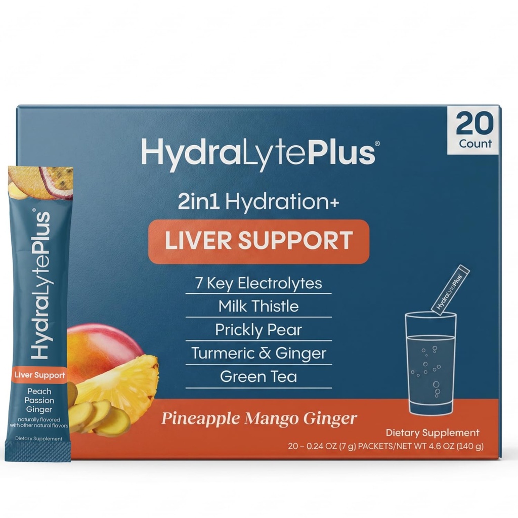 Hydralyte Liver Support + Electrolyte Mix maito Thistle, Turmeeric, Inkivääri, Prickly Pear, Vihreä teeuute Formuloitu nopea nesteytys (Pineapple Mango Inkivääri, 20 Packets)