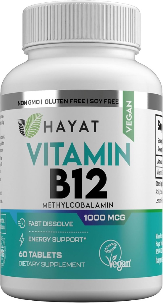 HAYAT-vitamiinit Vegaani luonnollinen B12 1000 MCG, ravintolisä energian aineenvaihdunta tukea, 2 kuukauden tarjonta, Kaikki luonnolliset, Certified Halal, 60 tablettia, Valmistettu Yhdysvalloissa