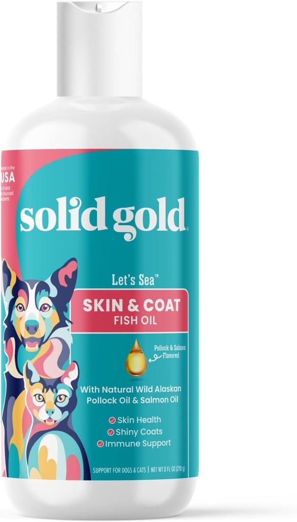 Kiinteä kulta Omega 3 Fish Oil koirille & Kissat - Wild Alaska Lohi Oil koirille Iho-ja takkituki - Omega 3 Dog Supplement Liquid w/Pollock, rasvahapot, EPA & DHA Immuuni tuki - 8oz pullo