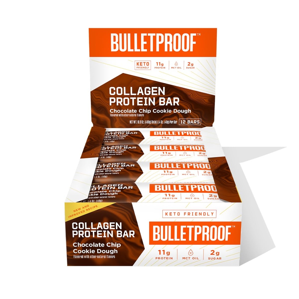 Bulletproof Chocolate Chip Cookie Dough Collagen Protein Bars, Pack of 12, Keto-Friendly Snack med MCT Oil, Grass-fed Collagen, No Added Sugar