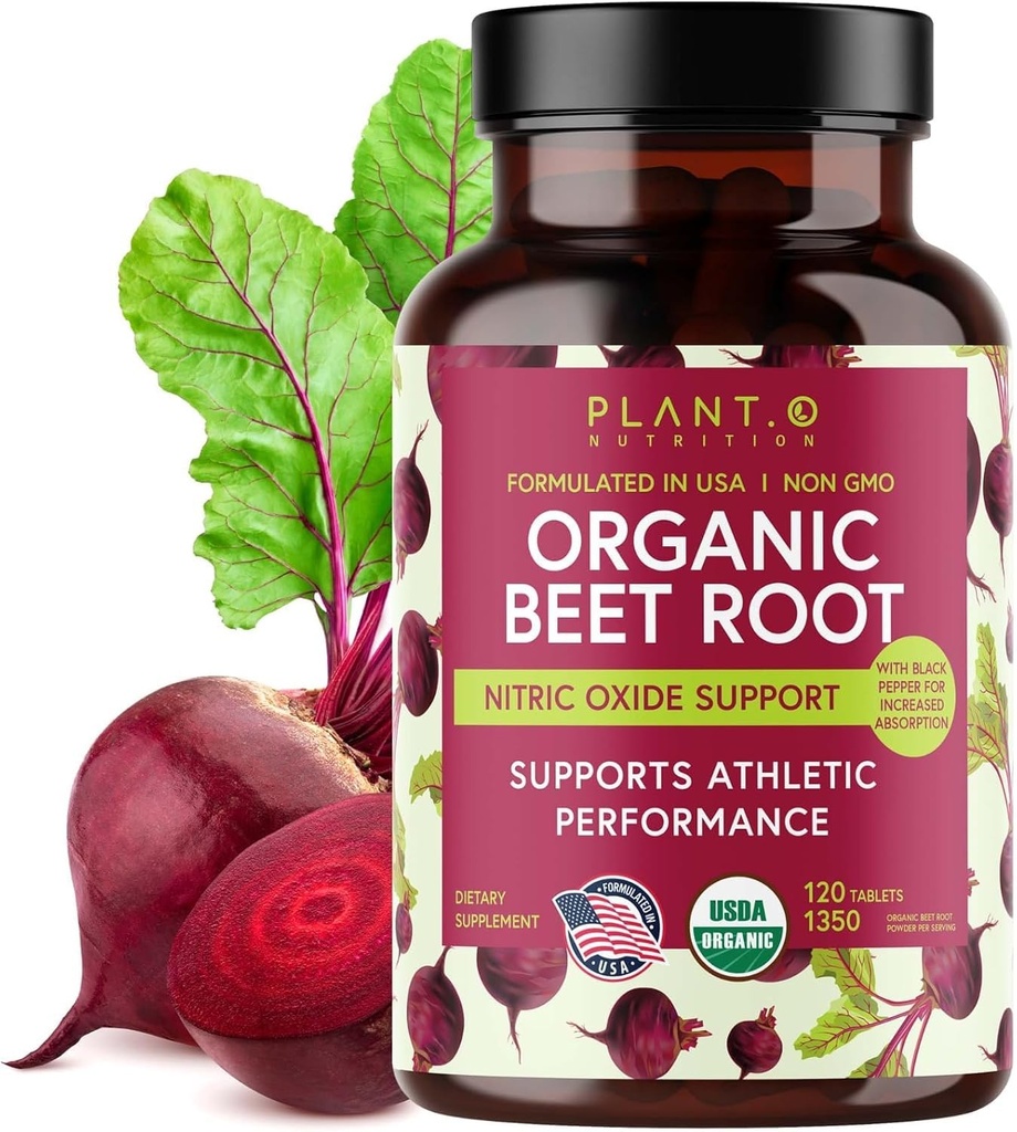 USDA Plant.O Premium Organic Beet Root tabletter [1350mg Beets Powder] med Black Pepper för Extra Absorption - Nitric Oxide Supplement