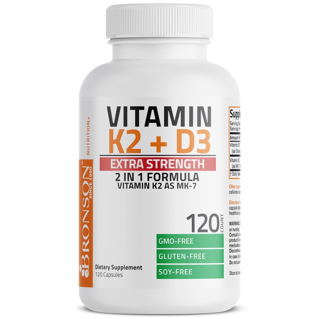 Bronson K2-vitamiini (MK7) ja D3 lisävahvuus täydentää Luu ja sydän Terveys ei-GMO Formula 10 000 IU D3-vitamiini & 120 mikrog K2- vitamiini MK-7 Helppo niellä D- ja K-vitamiini, 120 kapselia