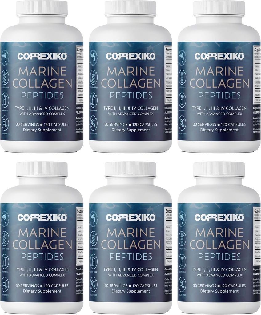 CORREXIKO Marine Collagen Supplement Pills - 1800mg Hydrolysed Collagen Peptides per Serving with Added Hyaluronic Acid, Vitamiini C & Minerals - Hiukset, iho ja kynnet - 720 kapselia 6 kuukauden tarjonta
