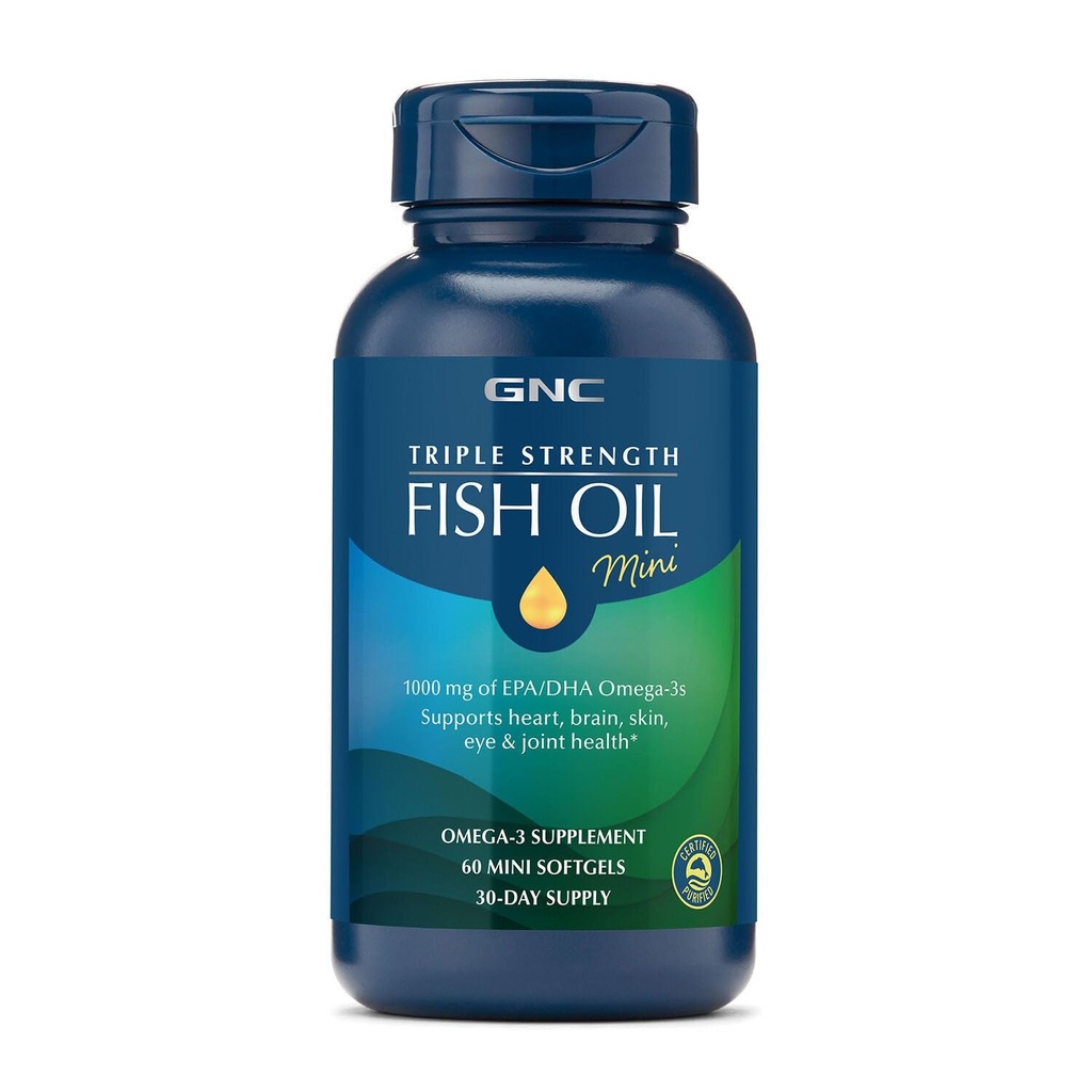 GNC Triple Strength Fish Oil Mini Omega 3 täydentää, 1000mg EPA ja DHA, tukee sydän, aivot, iho, silmät ja yhteinen terveys, 60 Mini Softgels