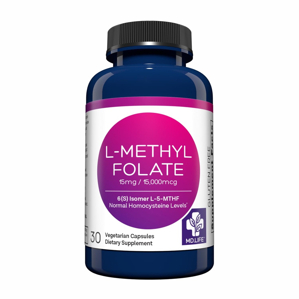 MD Life L-Methylfolate 15 mg Supplement - Professional-Grade Active L Methylfolate Supplement - 30 kapslar - L-Methylfolate 15mg - Maximal Potens MTHFR W/Essential Amino Acids