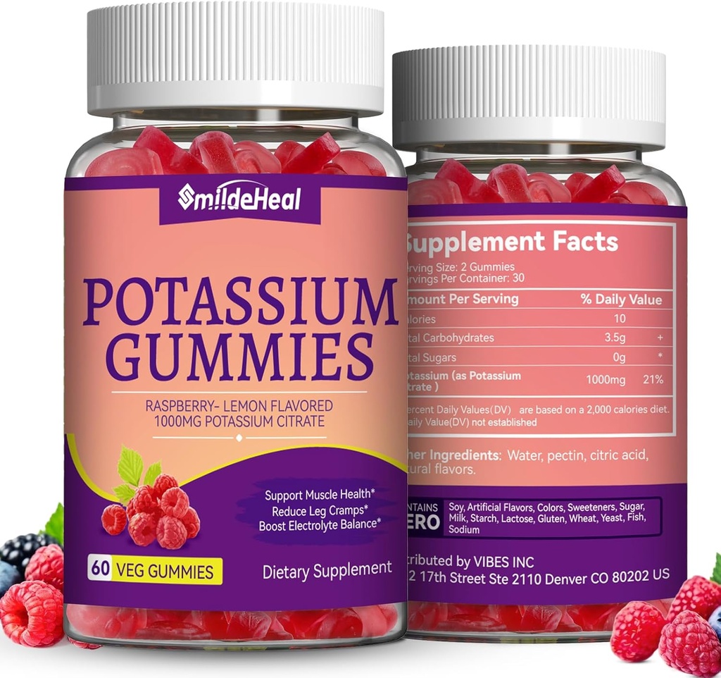 2 Pakkaus Kalium täydentää Gummies 1000 mg, Kalium Gummies aikuisille, Tuki jalat ja lihasten terveys - Vegan, ei-GMO,120 Count