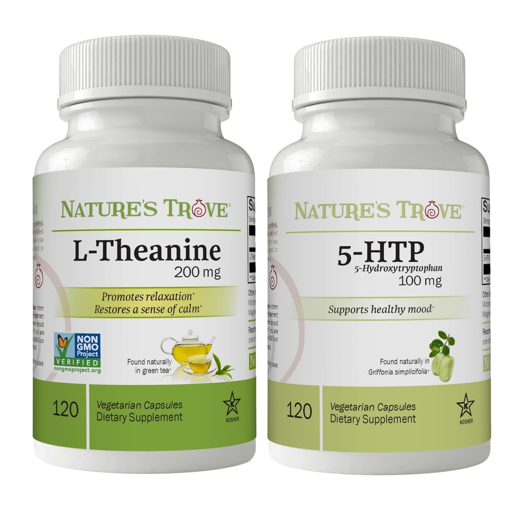 Nature's Trove L-Theanine 200mg 120 Kasvissyöjän kapselit & 5-HTP 100mg 120 kasvissyöjän kapselit - Rauhallinen & terve mieliala pino