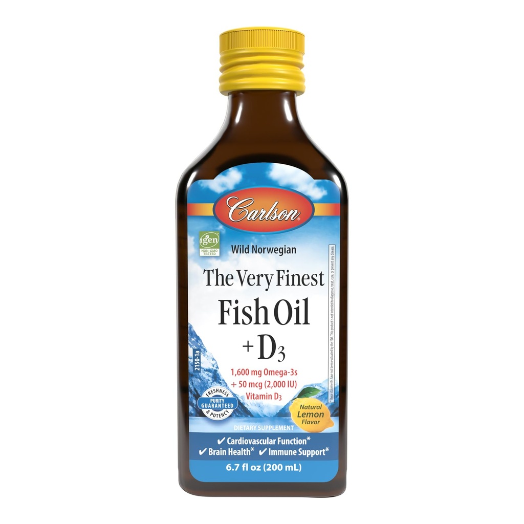 Carlson - The Very Finest Fish Oil + D3, 1600 mg Omega-3s, 50 mikrog (2000 IU) D3-vitamiini, nestemäinen kalaöljy ja D3-lisä, Norwegian, Wild Caught, kestävästi lähde, sitruuna, 200 ml (6,7 Fl Oz)
