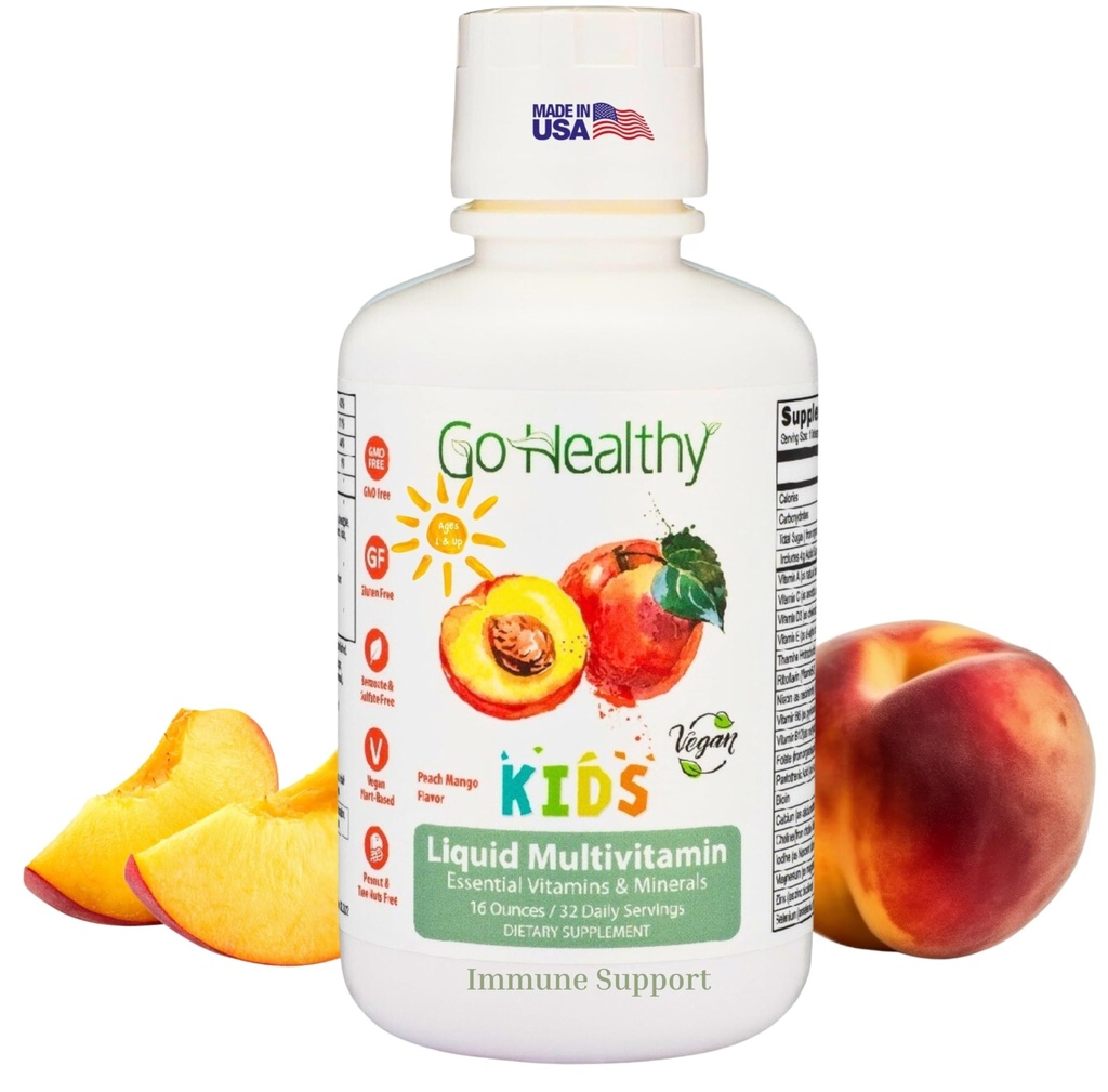 Go Terveitä lapsia Liquid Multivitamiini, Immuunituki, Kid Liquid Multivitamiinit, Korkea Imeytyminen Vegaani vitamiinit, Lapset Vitamiinit Multivitamiini Peach Mango - 30-60 Tarjoilut