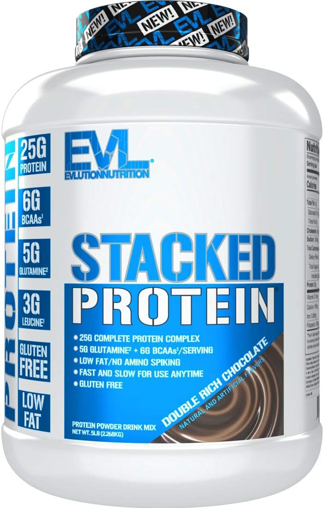 Evlution Nutrition Stacked Protein Powder -Tukee lihasten kasvua, vahvuutta ja palautumista - 25g Proteiinia, 6g BCAA:ta, 5 g Glutamiinia + 3 g Leucine Per Serving -Gluteenitonta -5 lb - Double Rich Chocolate