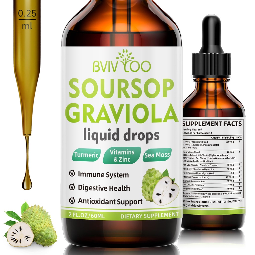 Soursop Graviola Liquid Drops - 2000mg Pure Soursop Extract Blended med 300mg Sea Moss & 100mg Elderberry - Kraftfull Cell Support, Antioxidant-Rich, Immune-Boosting - 2 Fl Oz (60ml) Bottle