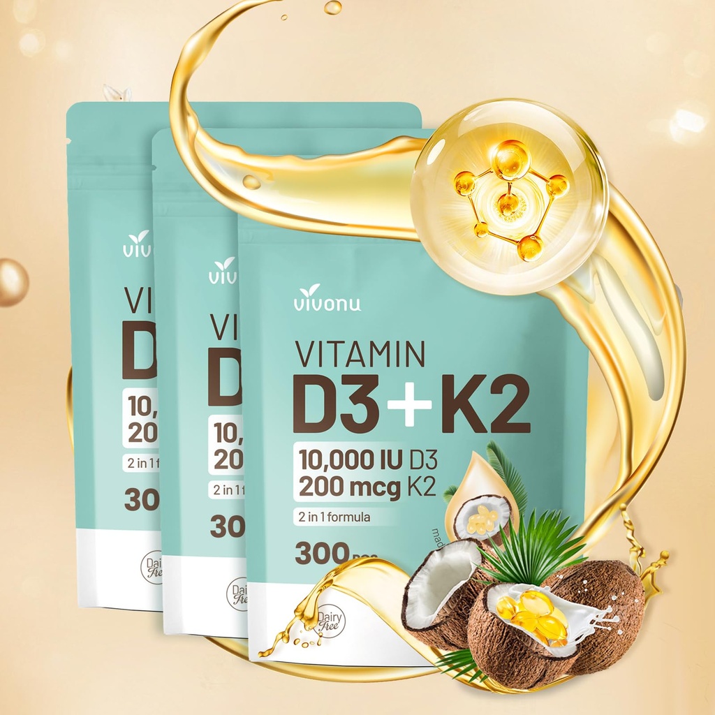 D3-vitamiini 10000 iu Plus K2 (MK-7) 200 mikrog, 300 Coconut Oil Softgels