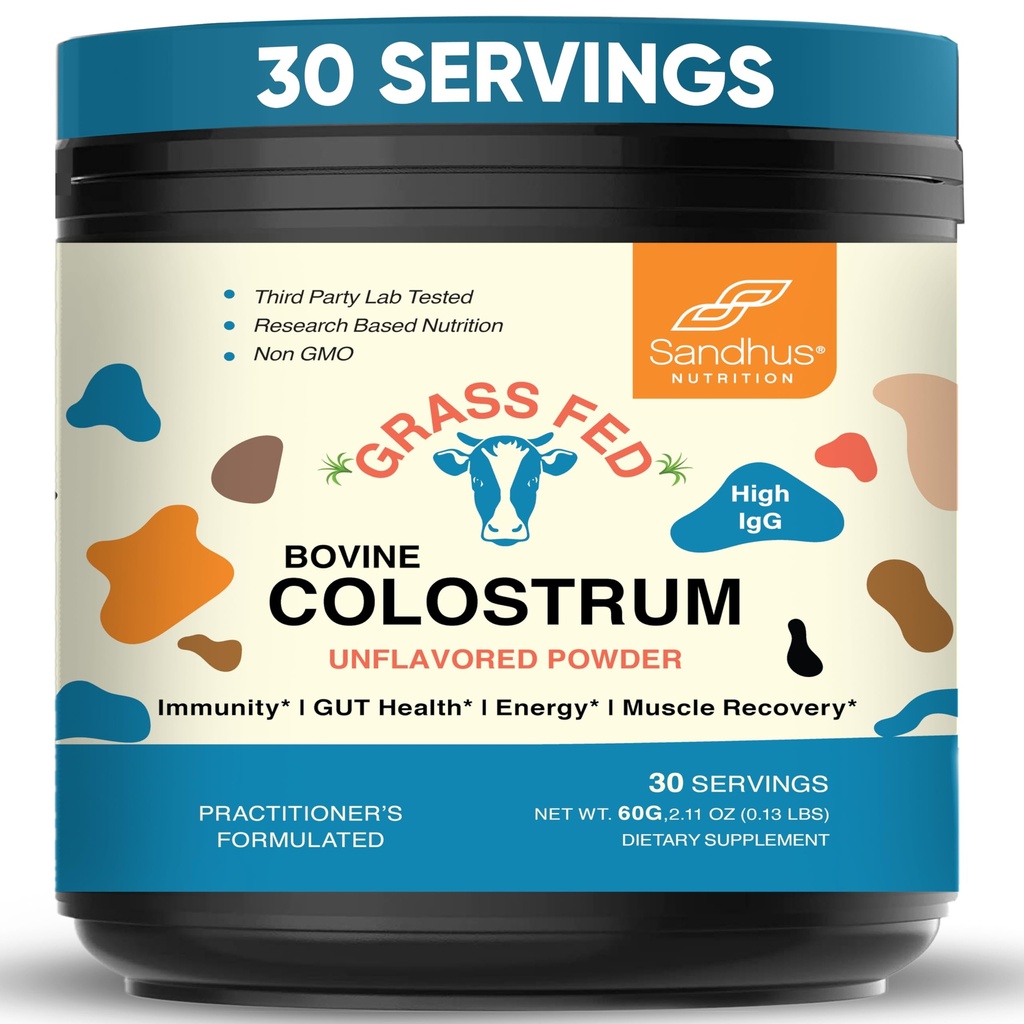 Sandhu's Grass Fed Bovine Colostrum Powder for Humans, Adults | 30 Servings (Pack of 1) Cows Supplement | Hög IgG för Gut Health | Immunity & Muscle Recovery Support | Osmakad | För Män & Kvinnor