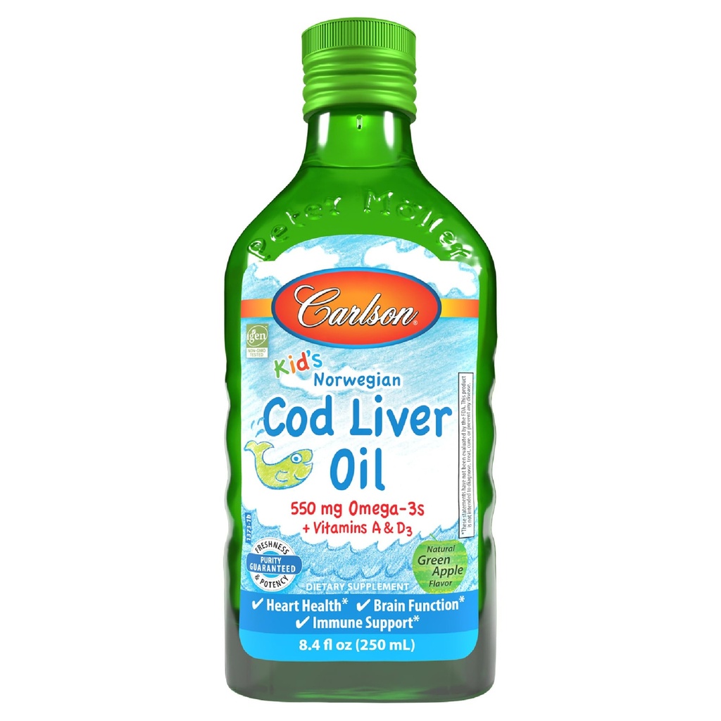 Carlson - Kid's Cod Liver Oil, 550 mg Omega-3s, Plus A- ja D3-vitamiinit, Liquid Fish Oil, Wild Catch Norwegian Arctic Cod, kestävästi lähdetty Nordic Fish Oil, Green Apple, 250 ml (8,4 Fl Oz)