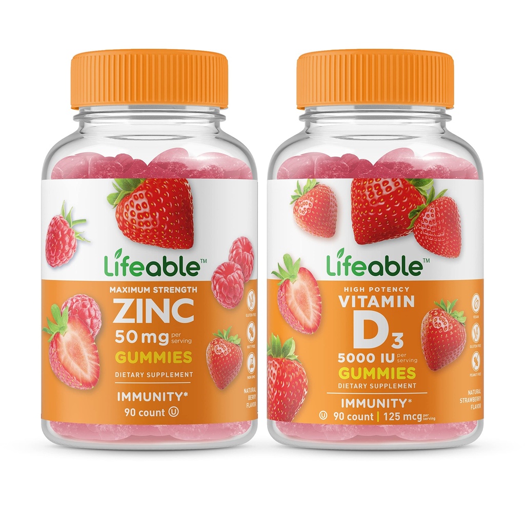 Elinkelpoinen sinkki 50 mg + D-vitamiini 5000 IU, Gummies Bundle - suuri maku, vitamiinilisä, gluteeniton, GMO-vapaa, purukumi