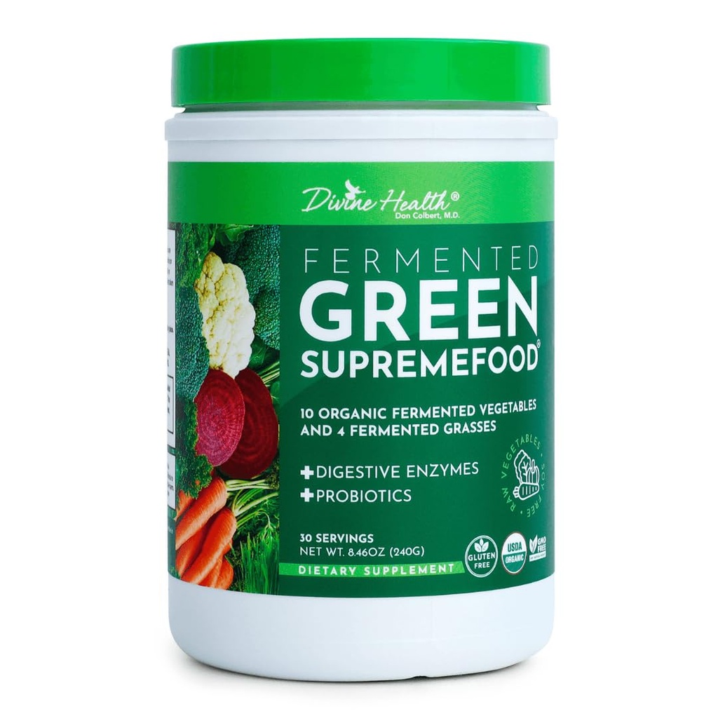 Divine Health Fermented Green Supremefood | 14 USDA Organic & Fermented Vegetables and Grasses | Probiotika | Enzymer | Apple Cinnamon Flavor | 30 Servings | 240g