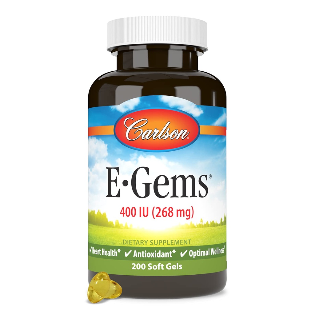 Carlson - E- Gems, 400 IU, Heart Health & Optimal Wellness, Antioksidantti, 200 pehmeää geeliä