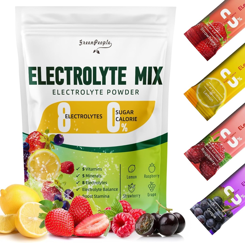 GREENPEOPLE Electrolytes Powder No Sugar - Sugar Free Hydration Electrolyte Packets - Frukt Flavors Electrolyte Drink Mix - 8 Electrolytes 5 Vitamins & Minerals Vegan Non-GMO 16 Sticks