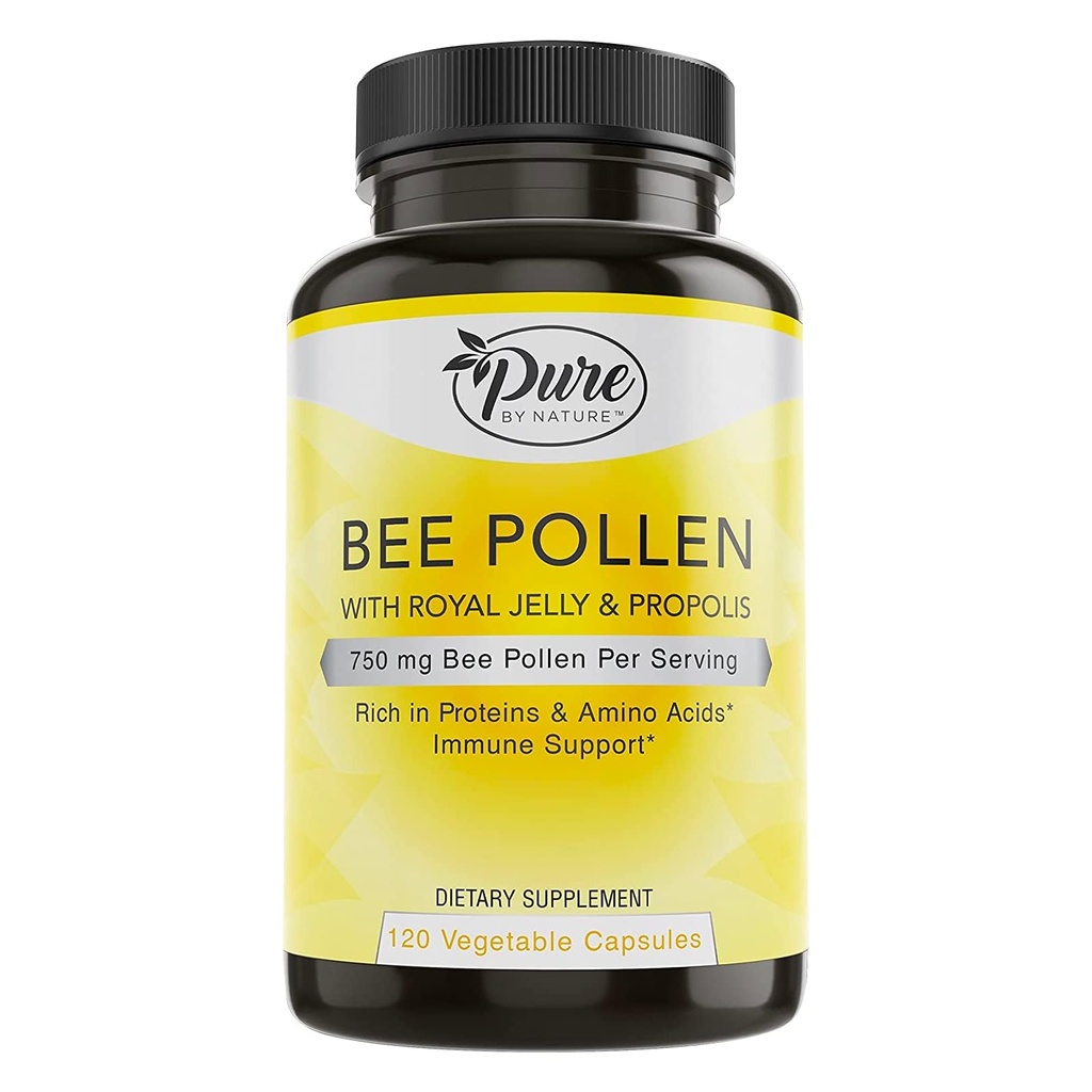 Pure by Nature Bee Pollen Supplement Propolis & Royal Jelly for Immuuni tuki, antioksidantti ominaisuudet, 120 ei-GMO kasvissyöjä kapselit