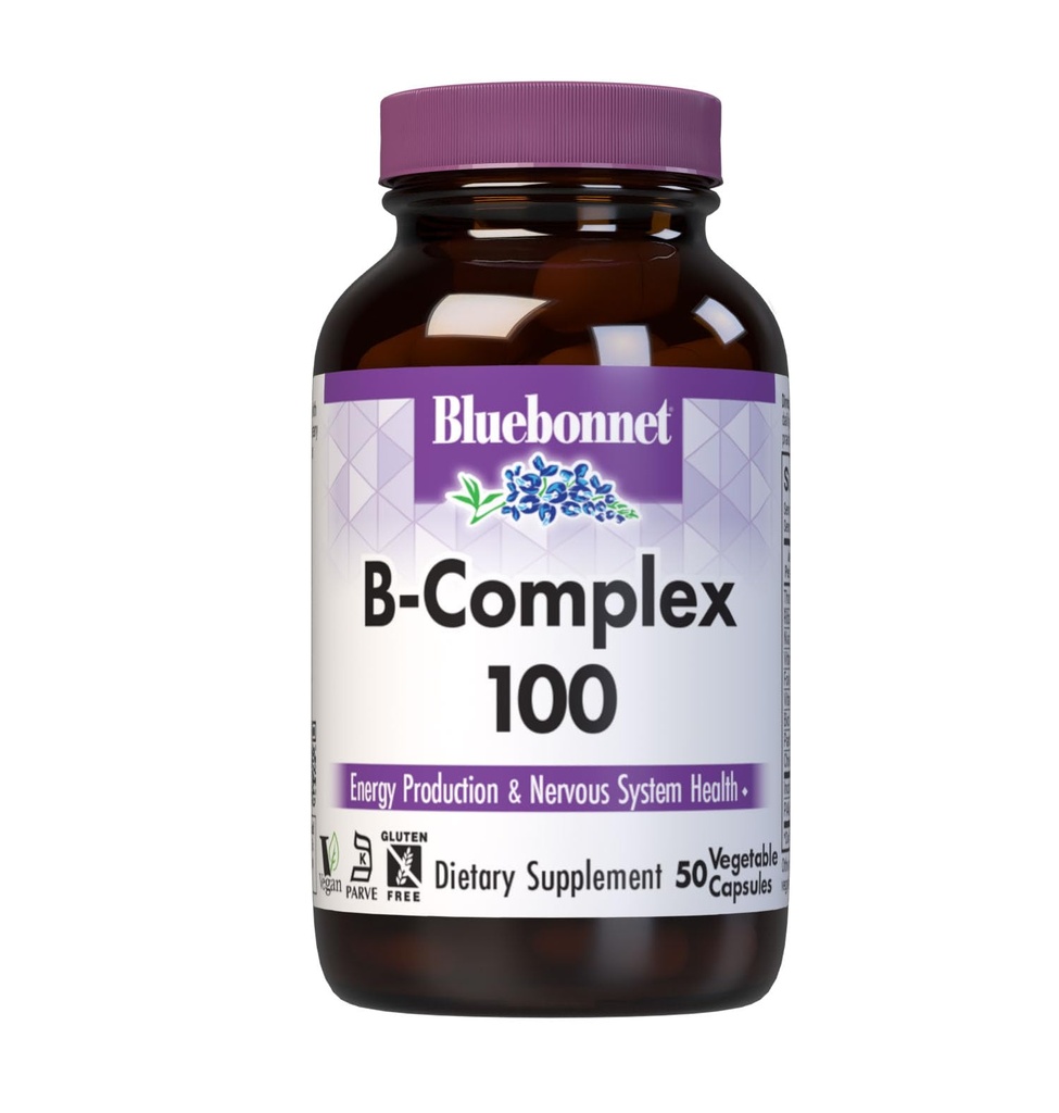 Bluebonnet Nutrition B Complex 100 Vihanneskapselit, Täydellinen koko spektri, B6-vitamiini, B12-vitamiini, Biotiini, Folaatti, Vegaani, Kasvissyöjä, Gluteeniton, soijaton, maitoton, Kosher, 50 kasviskapselia