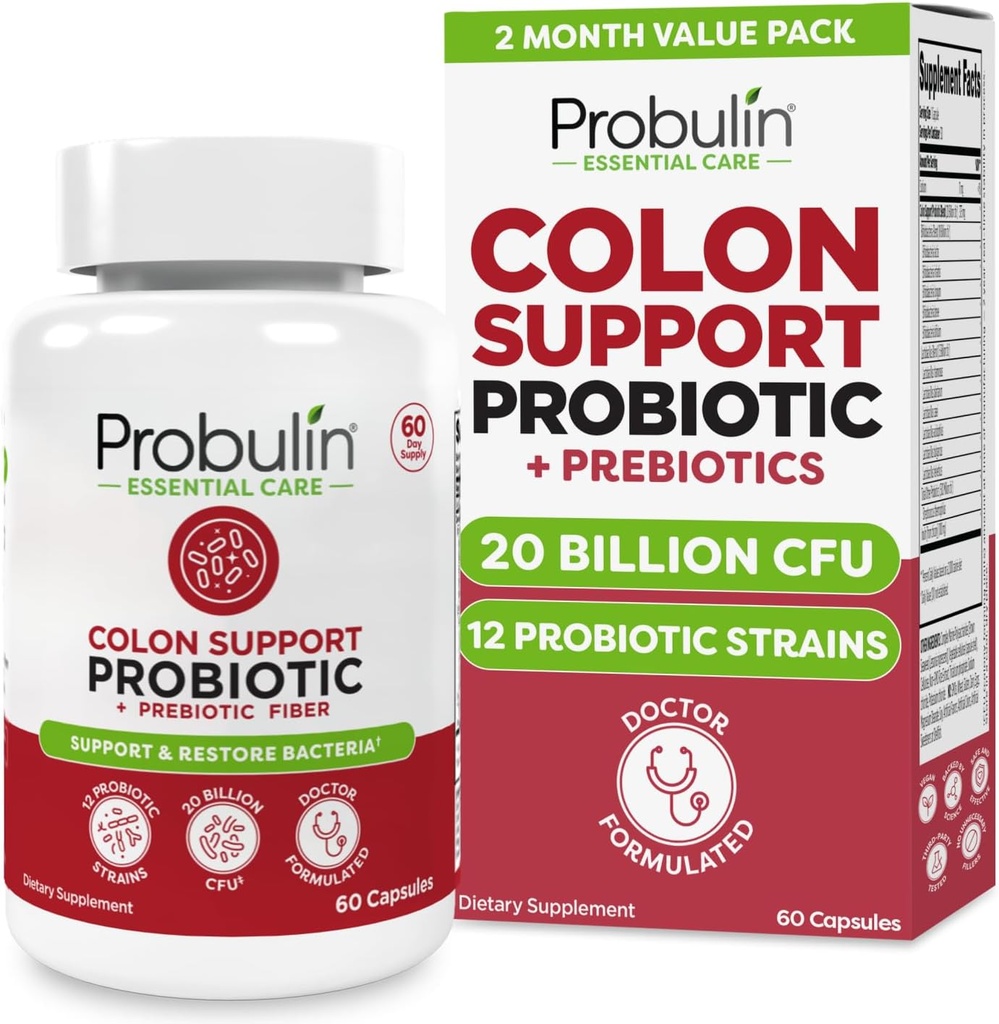 Probulin Colon Support Probiotic Supplement, Daily Gut, Ruoansulatuskanavan, ja immuuniterveyden Probiootit Kapselit miehille ja naisille, 20 miljardia PMY, Vegan, 60 Count Bott