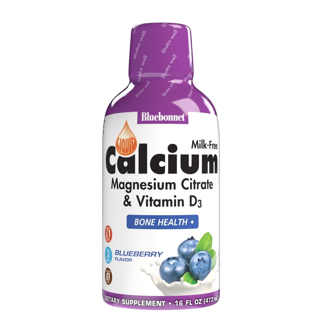 Bluebonnet Nutrition Liquid Calcium Citrate Magnesium Citrate, Vitamin D3, Bone Health, Gluten Free, Soja fri, mjölkfri, kosher, 32 portioner, Blueberry Flavor, 16 Fl Oz (Pack av 1)
