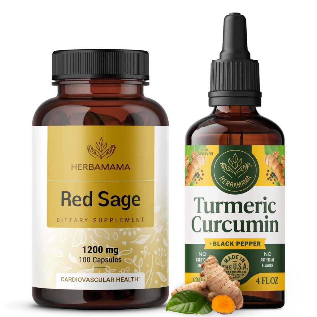 HERBAMAMA Red Sage and Turmeric Kit - Bundle på 1200 mg Red Sage Dan Shen Capsules & Turmeric Curcumin Drops 2 fl oz - Vegan, Non-GMO, Sugar & Alkoholfri - 2 Pack