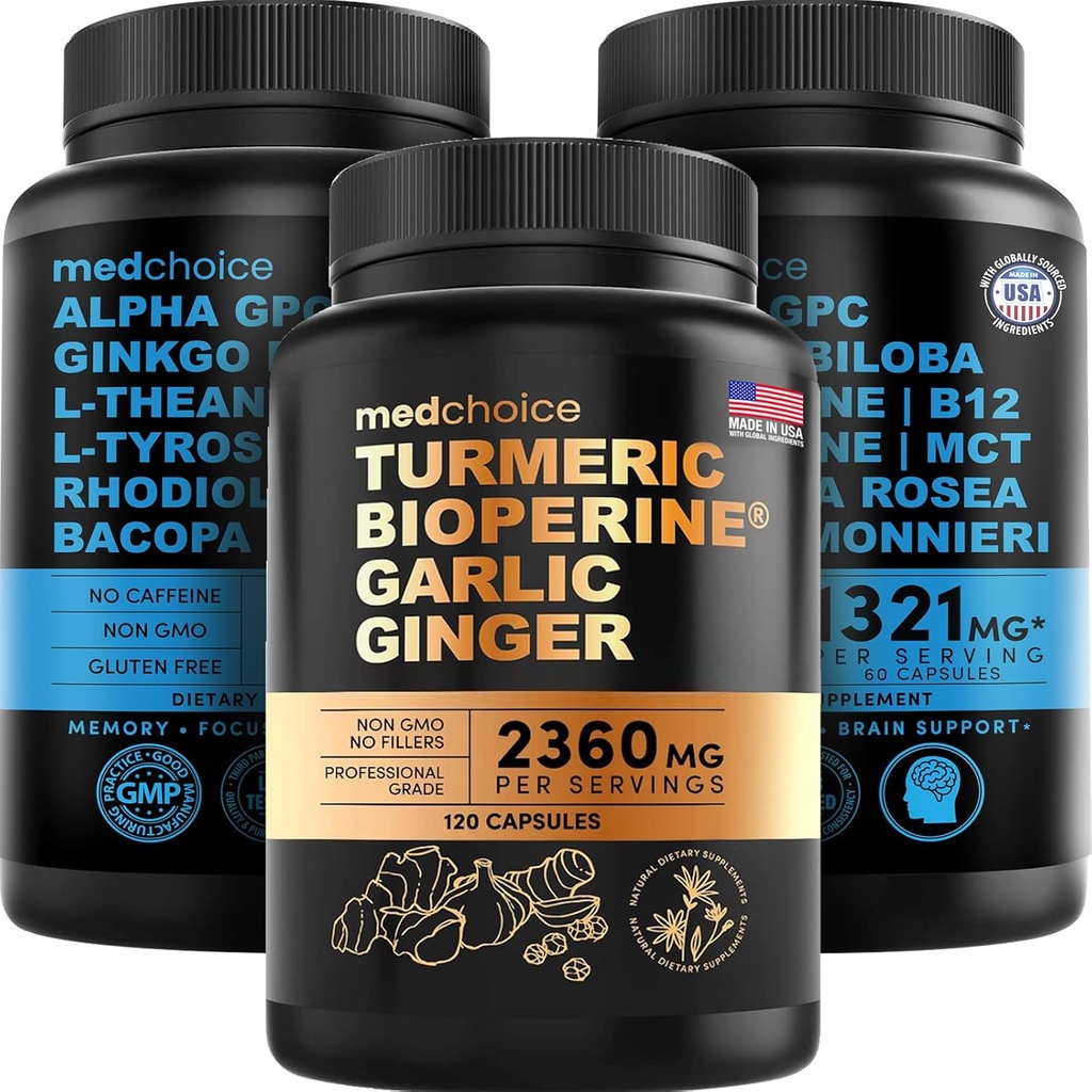 MEDCHOICE Turmeric & Ginger (120ct) och Nootropic Brain (120ct) Supplement Bundle - Wellness Duo för Joint, Digestion, Brain, & Mood Support - Vegan, Non-GMO, Gluten-Free