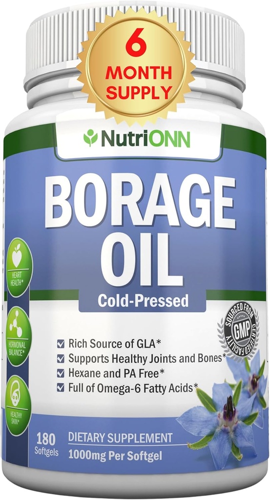 Borage Oil - 1000 mg - 180 Softgels - Cold Pressed High GLA Borage Seed Oil - Hexane ja PA Ilmainen - Suuri iholle, hiukset ja luut.