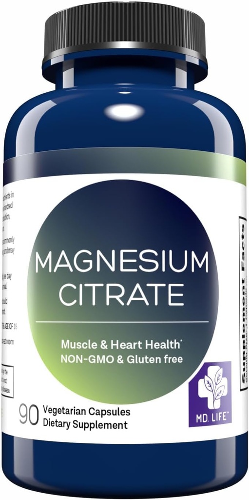 MD. Life Magnesium Citrate 250 mg – 90 kapslar – High Absorption Magnesium Citrate Supplement – Easy-to-Swallow Capsules for Muscle, Nerve, Heart, Sleep and Bone Support