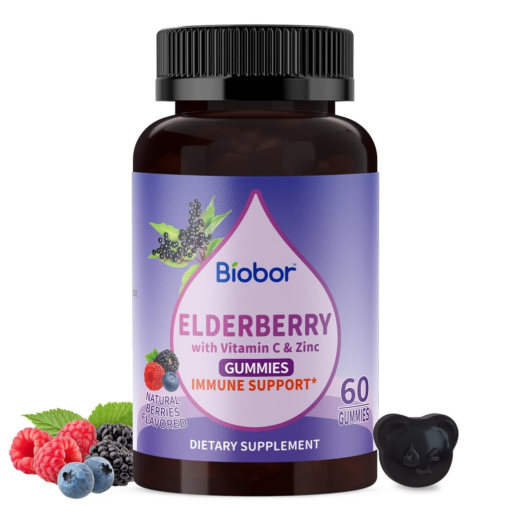 Natural Black Elderberry Gummies 150mg, Elderberry Fruit Extract kanssa C-vitamiinia ja sinkkiä, Herbal ElderCraft® Gummies päivittäin immuuni tuki lapsille ja aikuisille, 60 kreivi