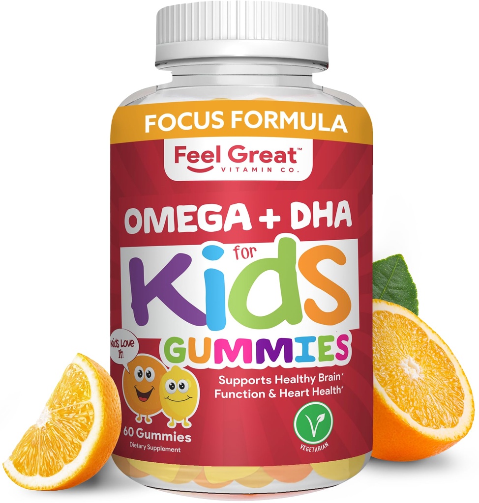 Feel Great Vitamiini Co. Täydellinen DHA Gummies lapsille Omega 3 6 9 + DHA, C-vitamiini . Tuet Terve aivojen toiminta, Vision & Heart Health . Gluteeniton, kasvissyöjä 60 Gummies