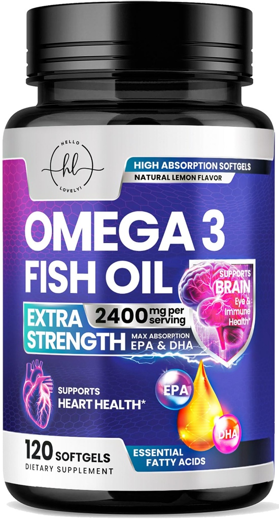 Omega 3 fiskoljetillskott 2400mg - Triple Strength Omega 3 Fatty Acids, Natural Heart Health Brain & Joint Support - Fatty Acids med EPA & DHA - Vildfångad fiskoljetillskott - 120 Softgels