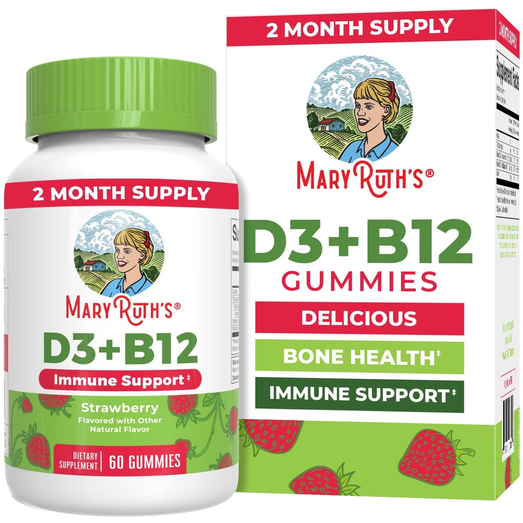MaryRuth Organics Vegaani D3 + B12-vitamiini Gummies 2 kuukauden tarjonta ... Tuet Bone Health ...Immuunituki täydentää...