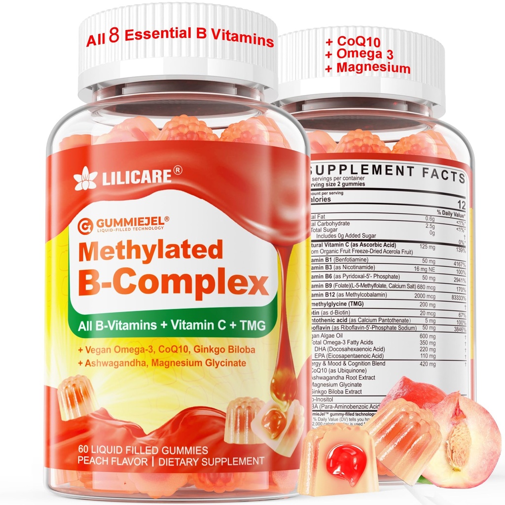 Supermethylated B-vitamiini Complex Gummies - kaikki B-vitamiinit + Omega-3, Magnesium, CoQ10, Ashwagandha, Vitamin C, TMG - naisten Men- Metyyli B12 2000 mikrog, metyylifolaatti, B1,B2, B3,B5,B6,B7- sokerivapaa