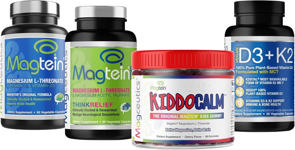 Magtein Magnesium L-treonaatti 60 kapselia, Magceutics MagteinPRO 90 kapselia, KIDDOCALM Gummies 90 kapselia, D3- vitamiini K2 30 kapselia - Bundle