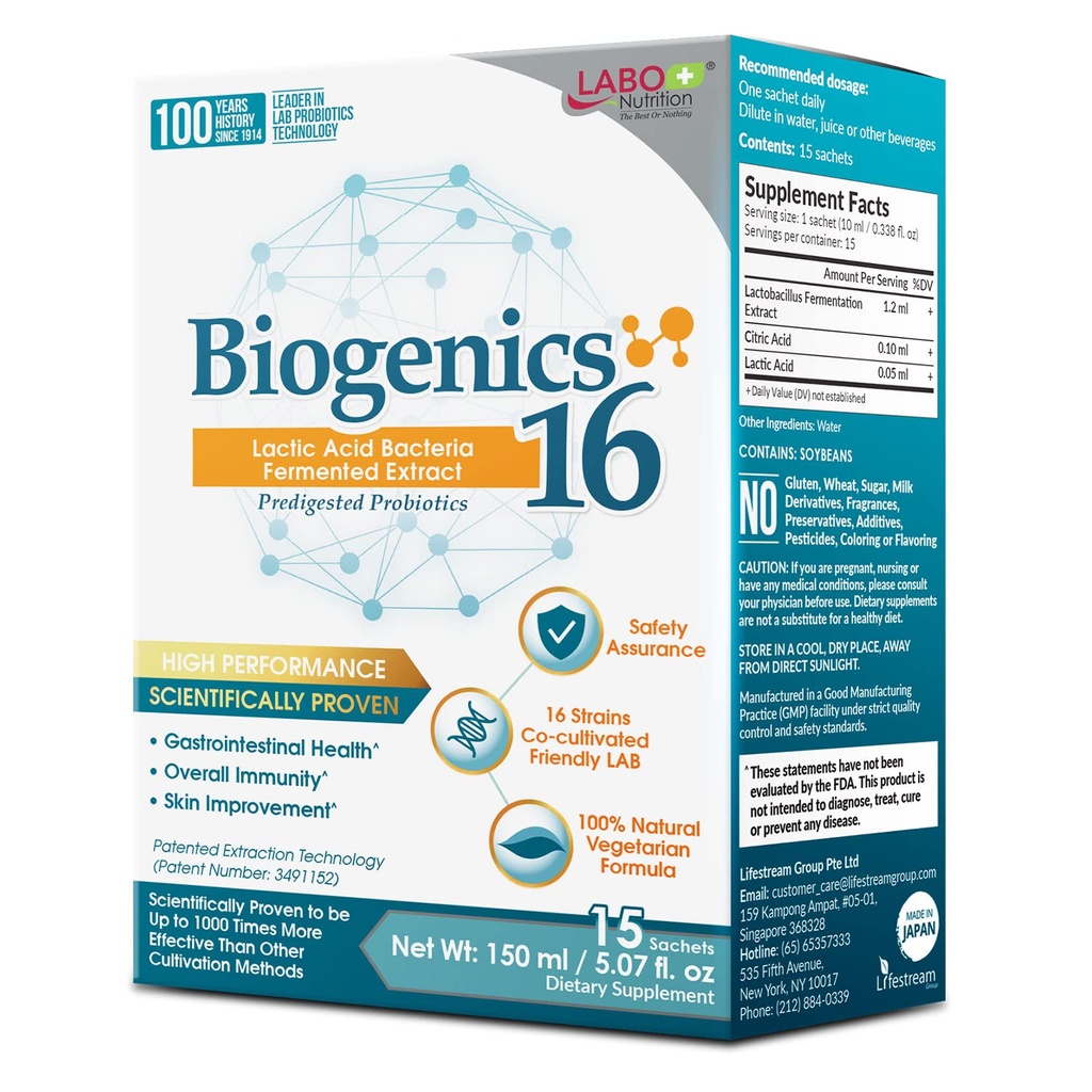 LABO Nutrition Biogenics 16...Lactic Acid Bacteria Fermented Extract, 1000x tehokkaampi, Gut Health Support Beyond Probiootit & Prebiootit, Parantaa suoliston iho ja immuuni terveys, 10mlx15 pussit