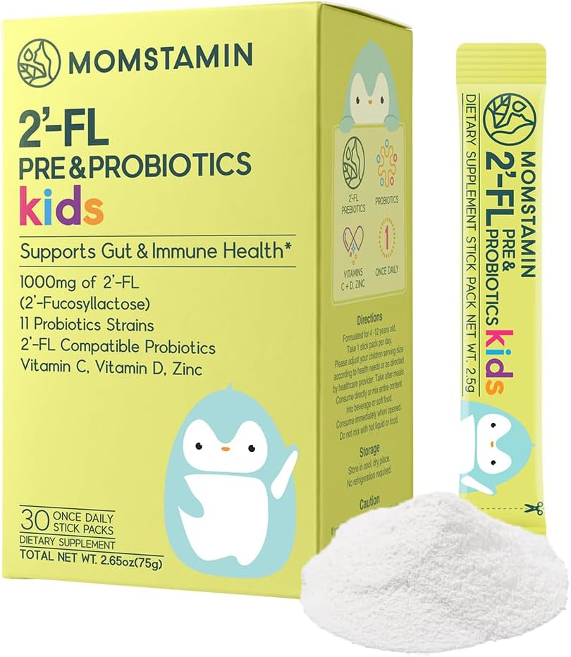 MOMSTAMIN 2'- FL HMO Prebiootit & Probiootit lapsille, 1000 mg Ihmisen maitoa Oligosaccharide 2'-FL Powder, Patentoitu 11 kanta, terve Gut Microbiome, Immunomy & Digestive Supplement, IBS Relief - 30 Sticks