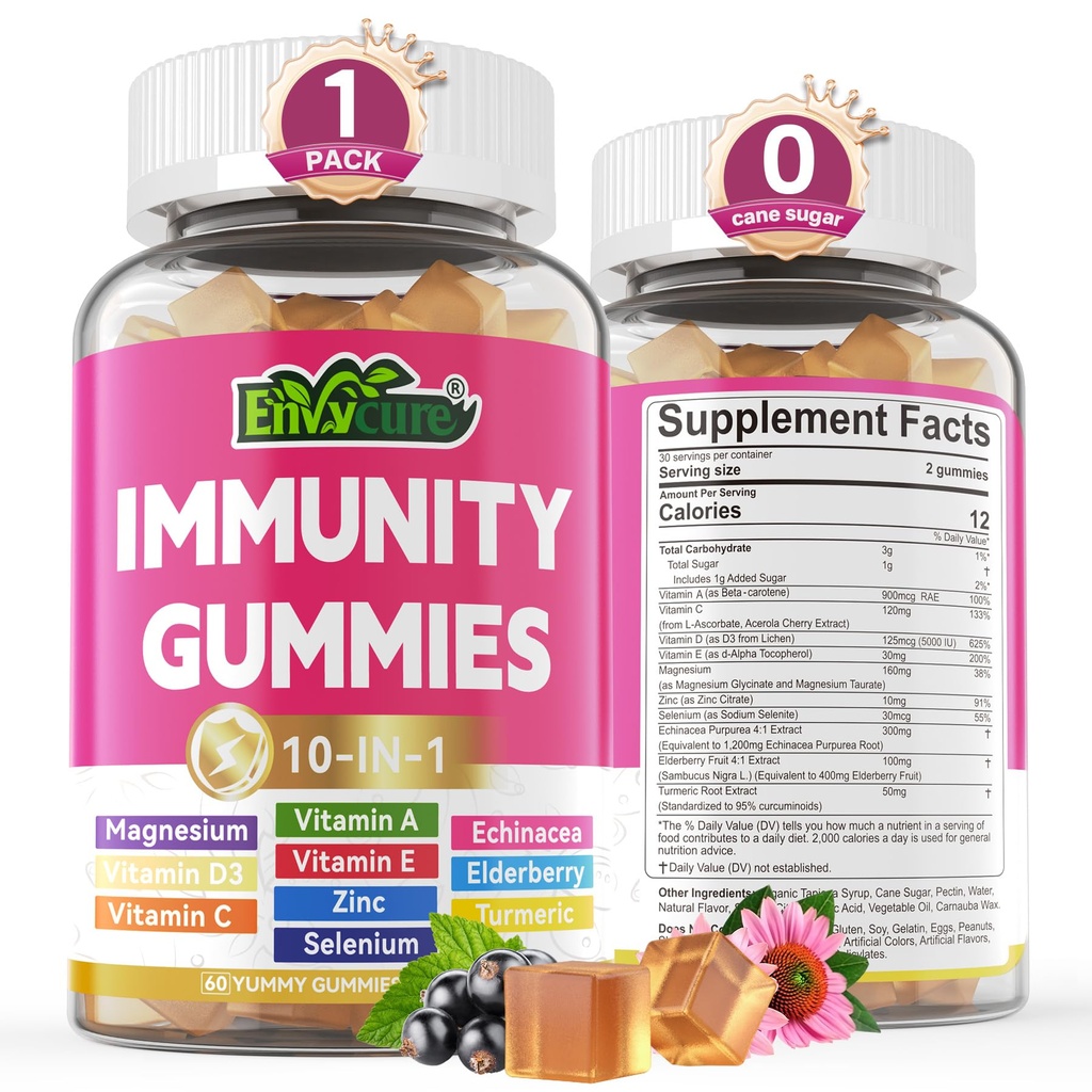 10 in 1 Immunosupport Supplement Gummies, w/Echinacea, Elderberry C-vitamiini ja sinkki, Selenium, D3-vitamiini 5000IU, magnesium, Päivittäinen immuuni Booster Multivitamiini, antioksidanttien luuenergia, 1 pakkaus