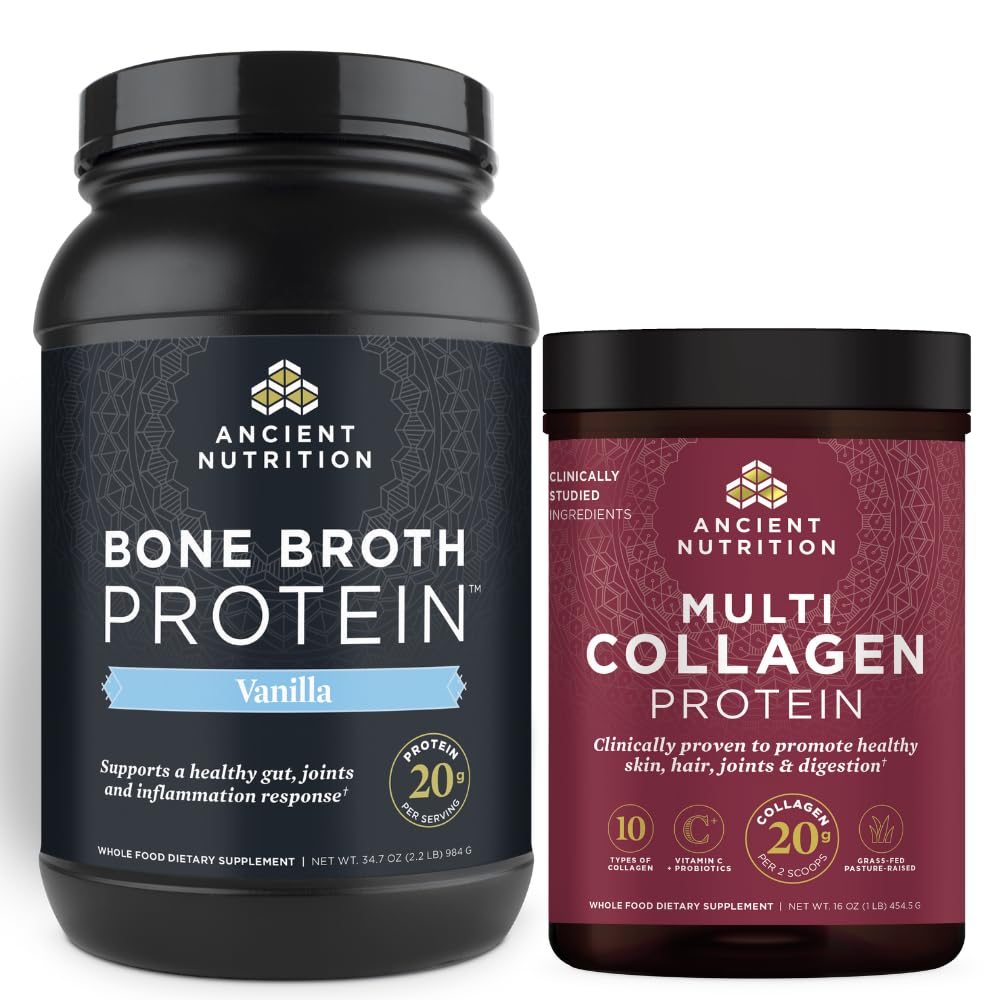 Ancient Nutrition Bone Broth Protein Powder, vanilja, 40 tarjoilua + Multi Collagen Protein Powder, Ei maukasta, 45 tarjoilua