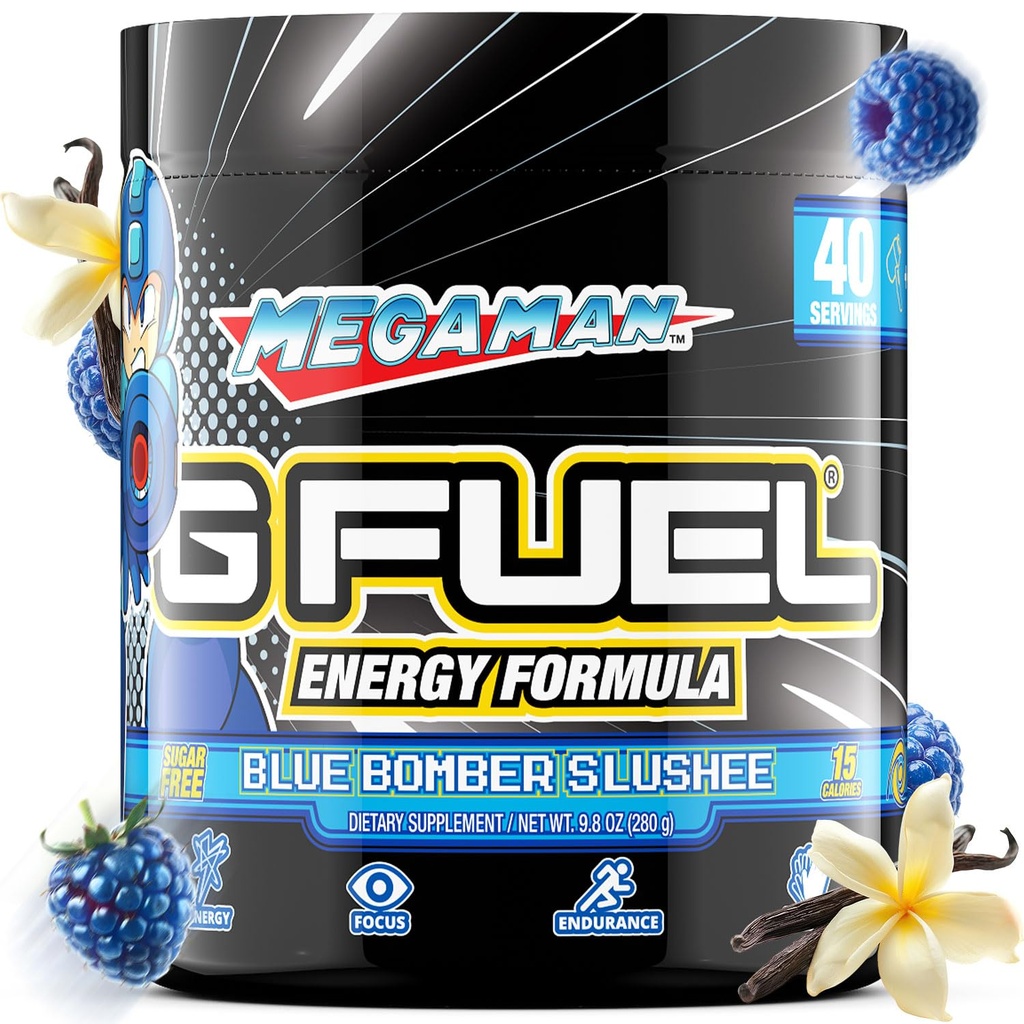 G Fuel Megaman Energy Drink Powder, Pre Treeni kofeiini Mix pelaamiseen, sokeriton Focus Amino, vitamiini + antioksidantteja, 9,9oz (sininen slushee, 40 tarjoilua)