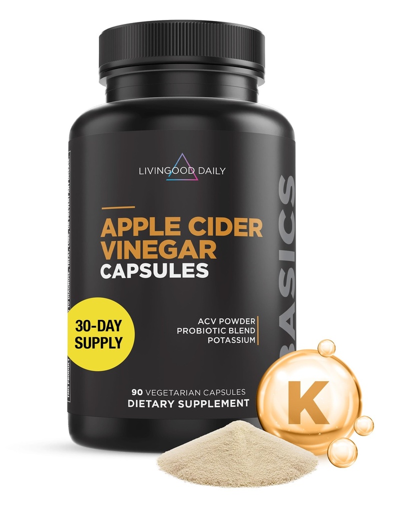 Livingood Daily Apple Cider Vinegar Capsules med Modern (1500mg) - ACV Piller med probiotika och kalium för kvinnor och män - Stöder Gut Health, Digestion, Appetite & Weight - Vegan, 90 kapslar